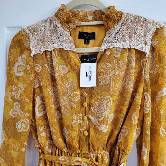 Tahari ASL Lace-Trim Tierred Split Neck Dress SZ 2 NWT Mustard Coquette Girl - Picture 10 of 11